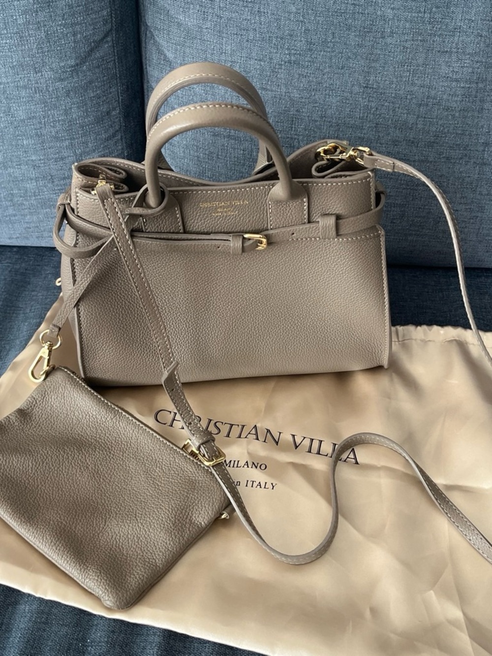 Taupe Pebbled Leather Satchel with Removable Strap